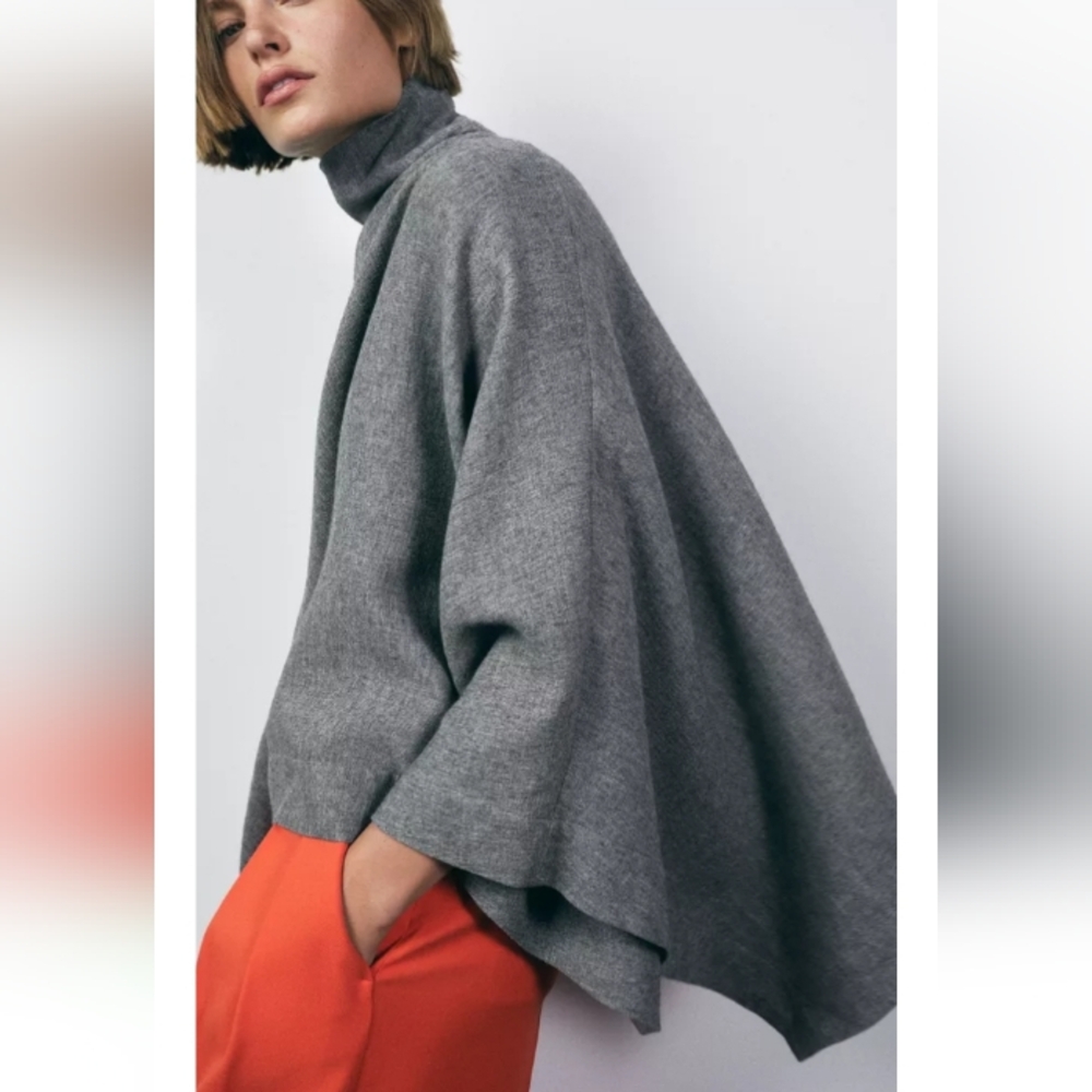 Zara Zw Collection Gray Oversized High Neck Wool Blend Cape